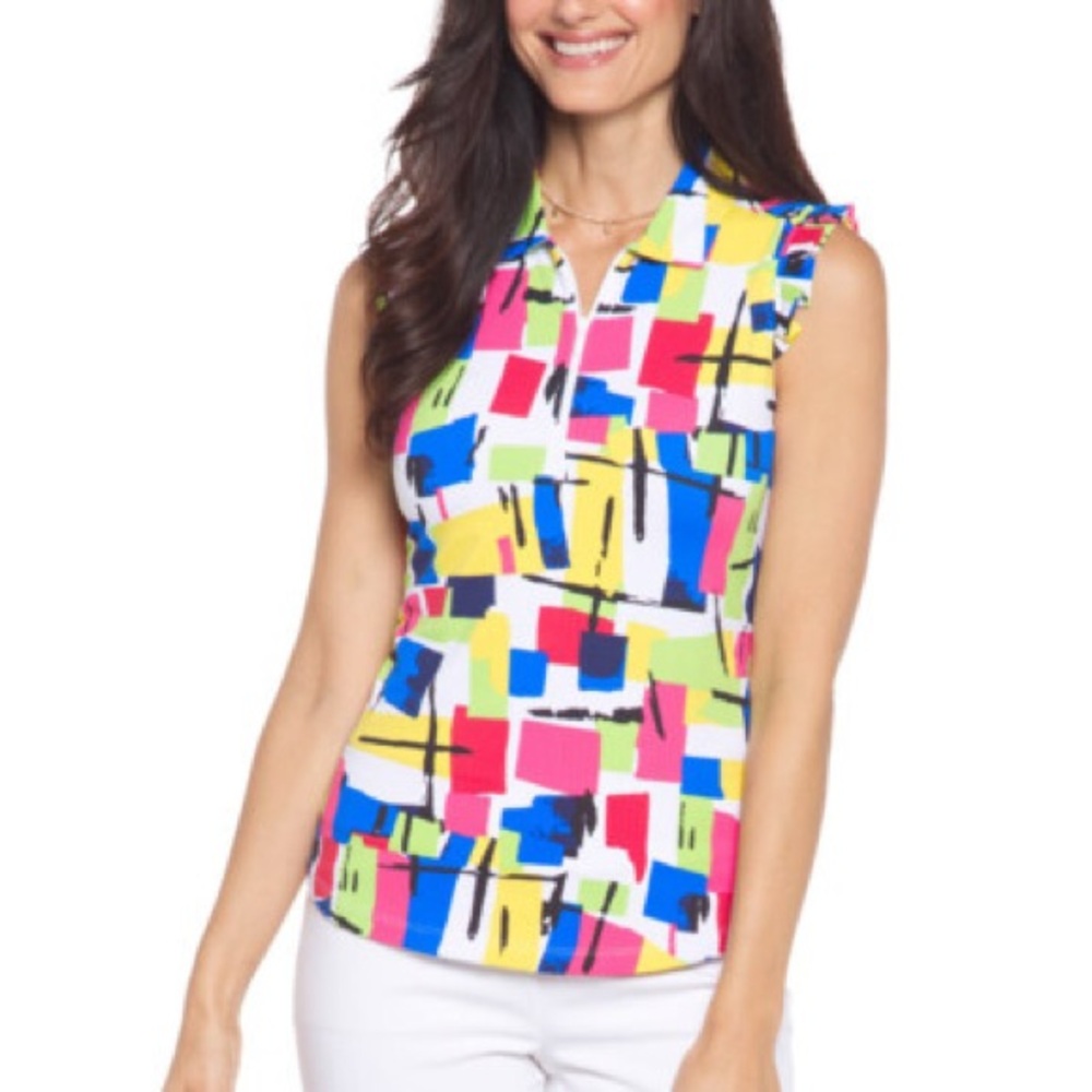 IBKUL Mondrian Multi Ruffle Sleeveless Mock Golf Shirt Womens Sz XXL